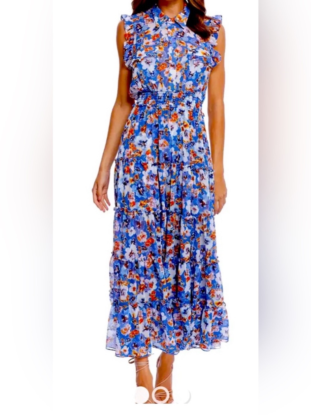Misa Los Angeles Blue and Brown Floral Ruffle Maxi Dress - Picture 2 of 5